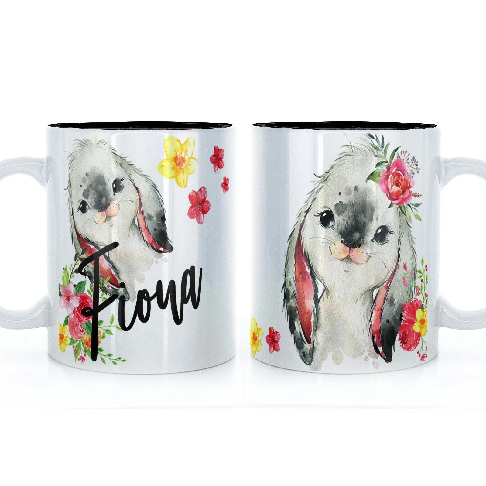 Personalised Mug with Stylish Text and Flowery Rabbits