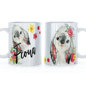 Personalised Mug with Stylish Text and Flowery Rabbits
