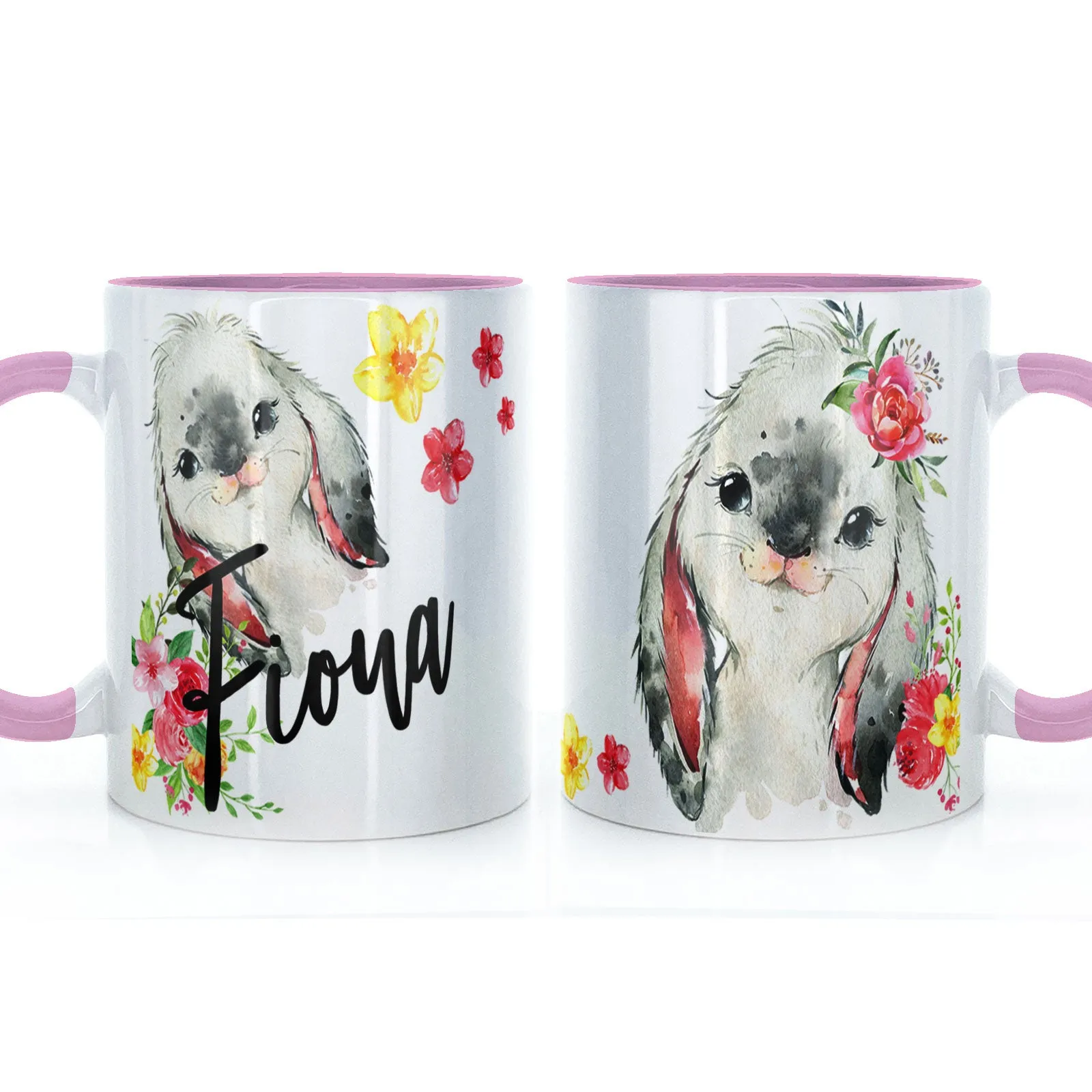 Personalised Mug with Stylish Text and Flowery Rabbits