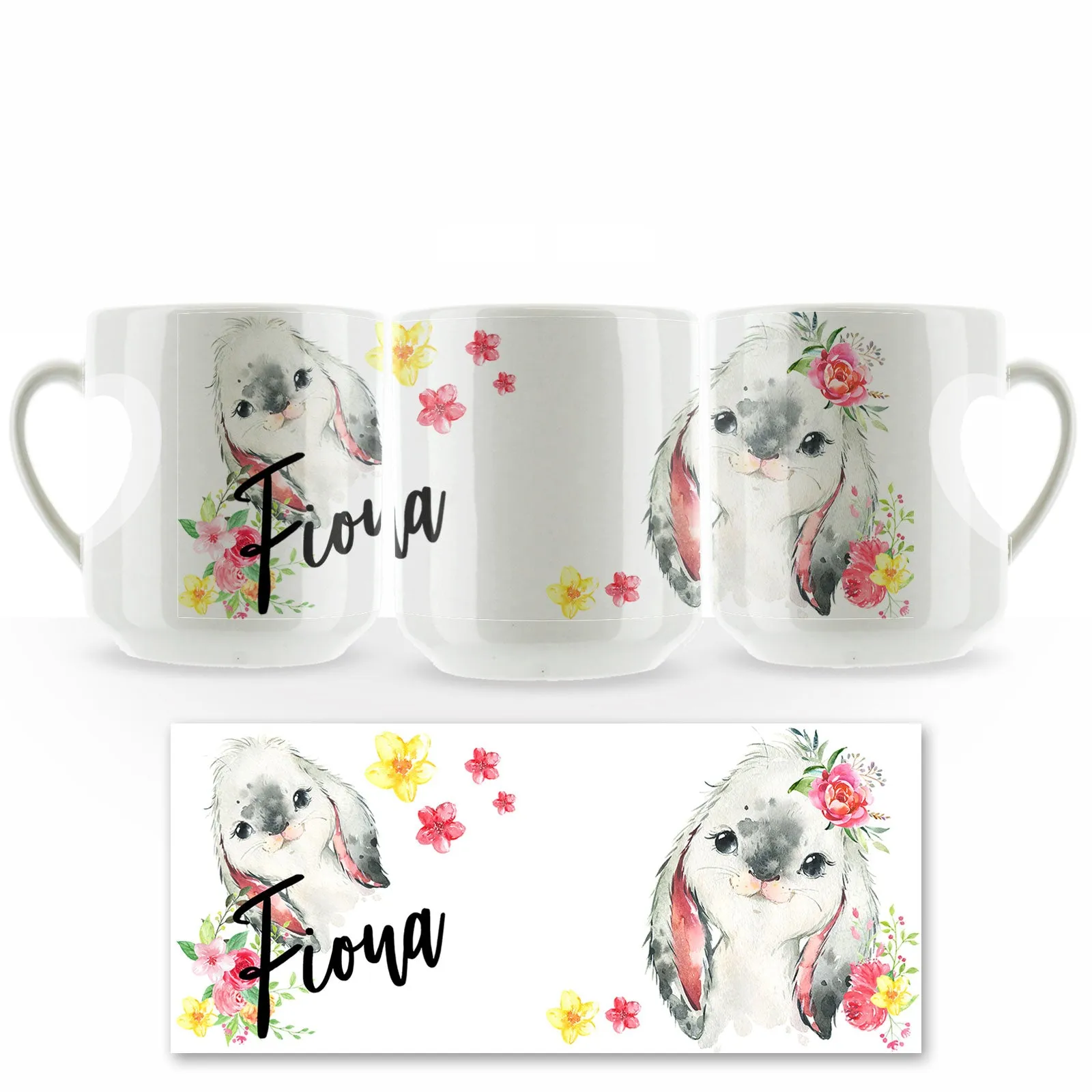 Personalised Mug with Stylish Text and Flowery Rabbits