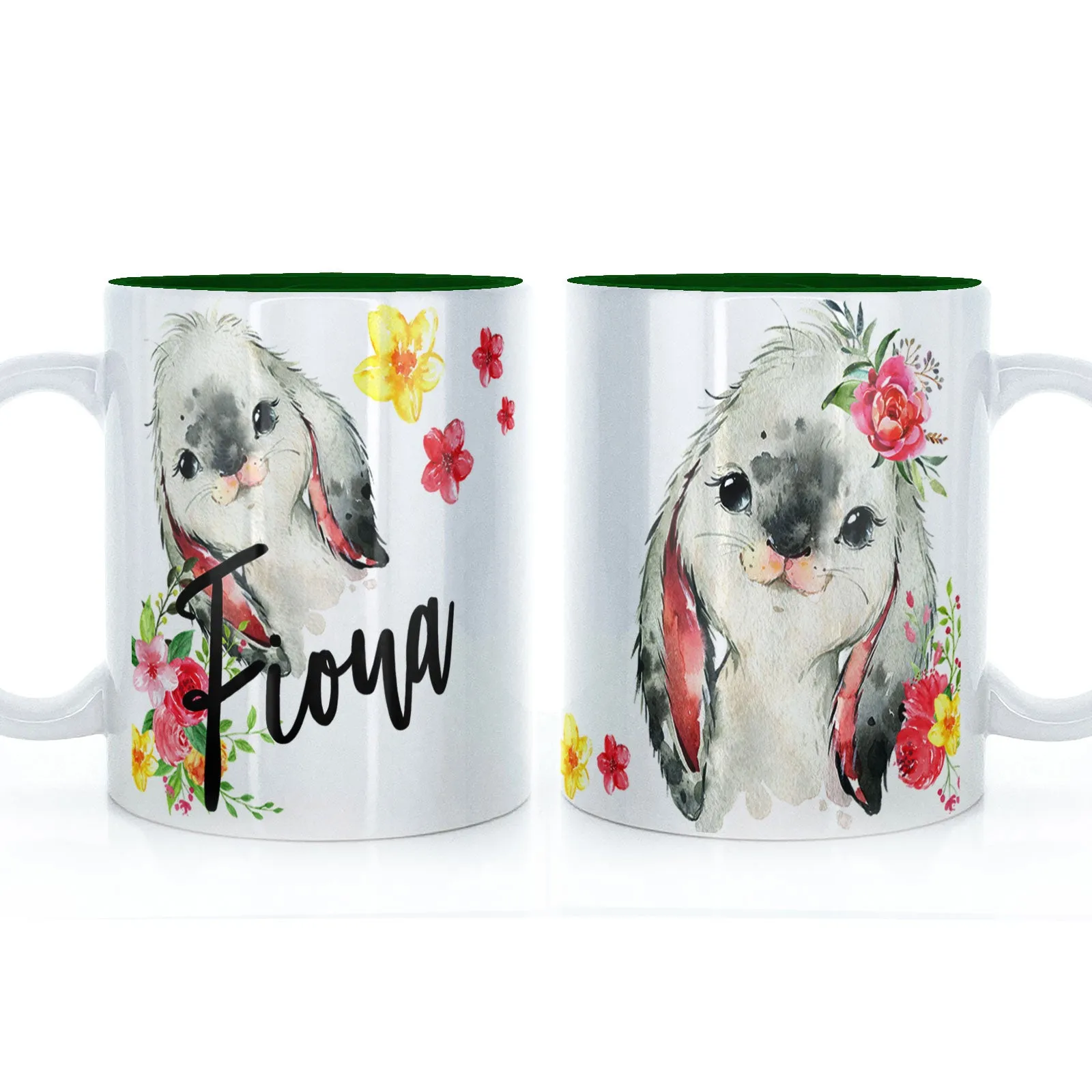 Personalised Mug with Stylish Text and Flowery Rabbits