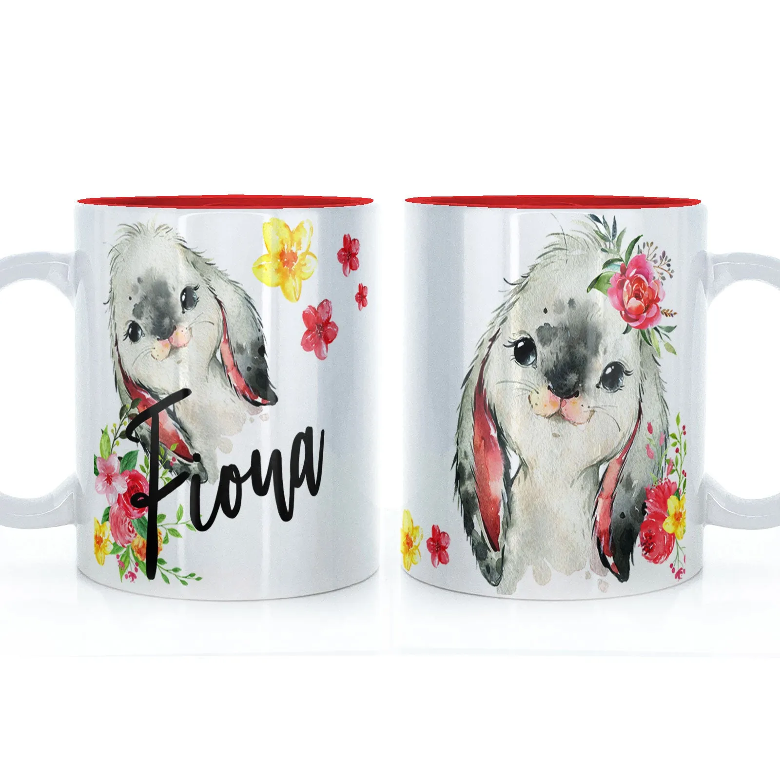 Personalised Mug with Stylish Text and Flowery Rabbits