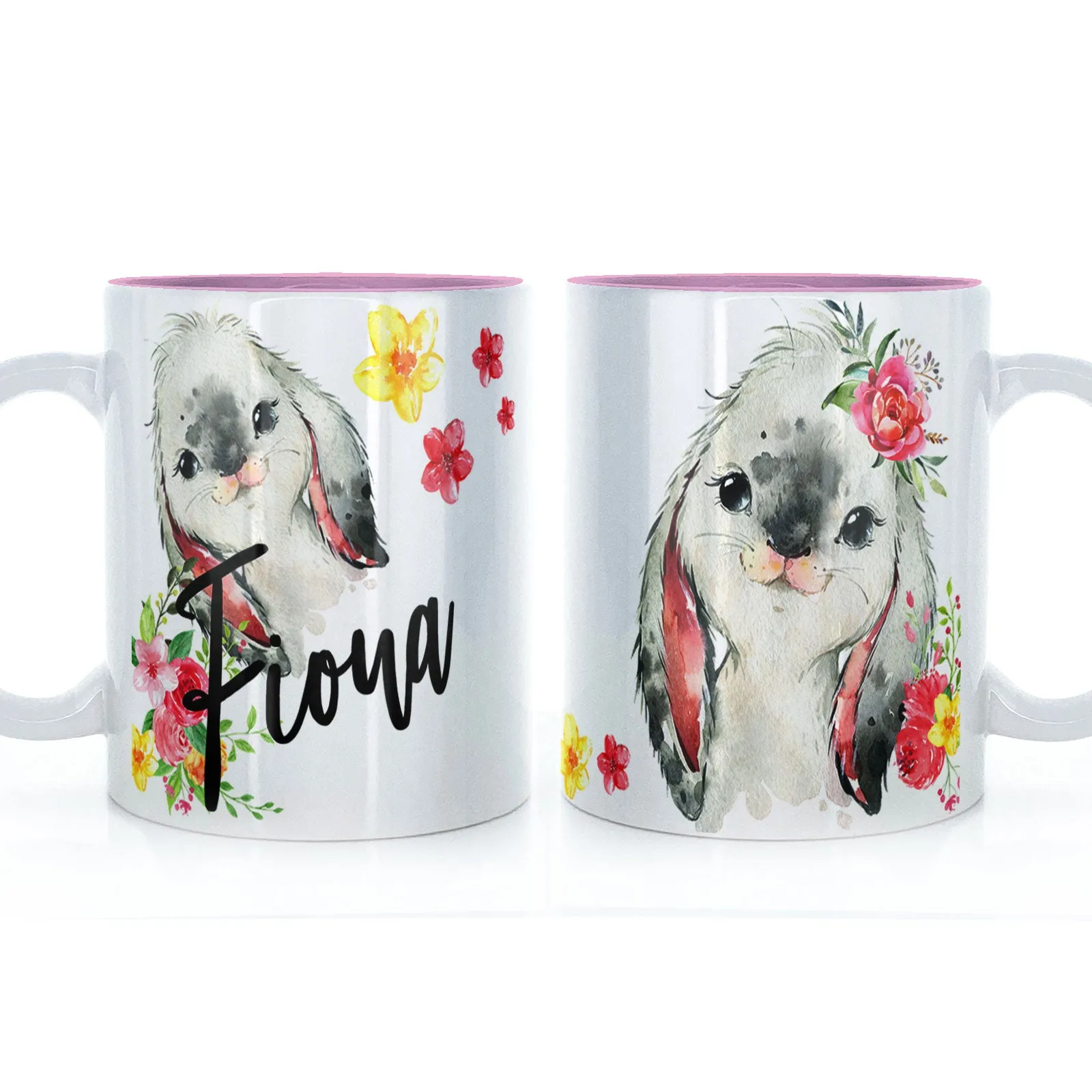 Personalised Mug with Stylish Text and Flowery Rabbits