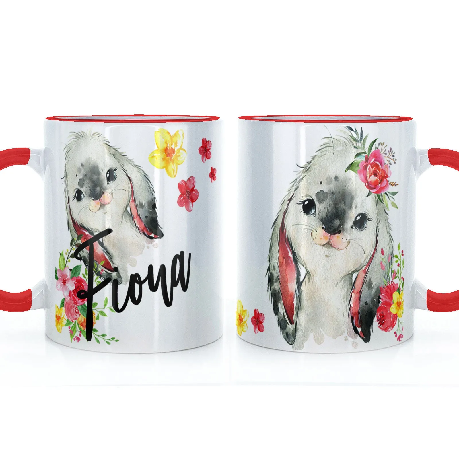 Personalised Mug with Stylish Text and Flowery Rabbits