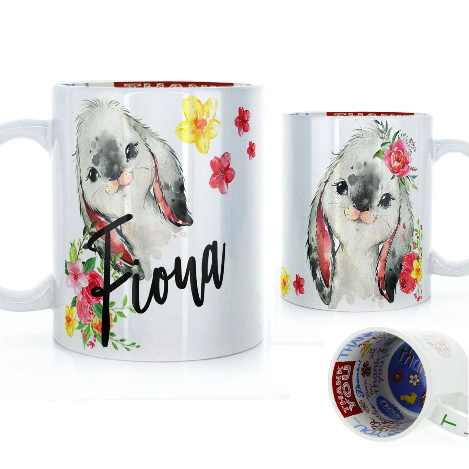 Personalised Mug with Stylish Text and Flowery Rabbits