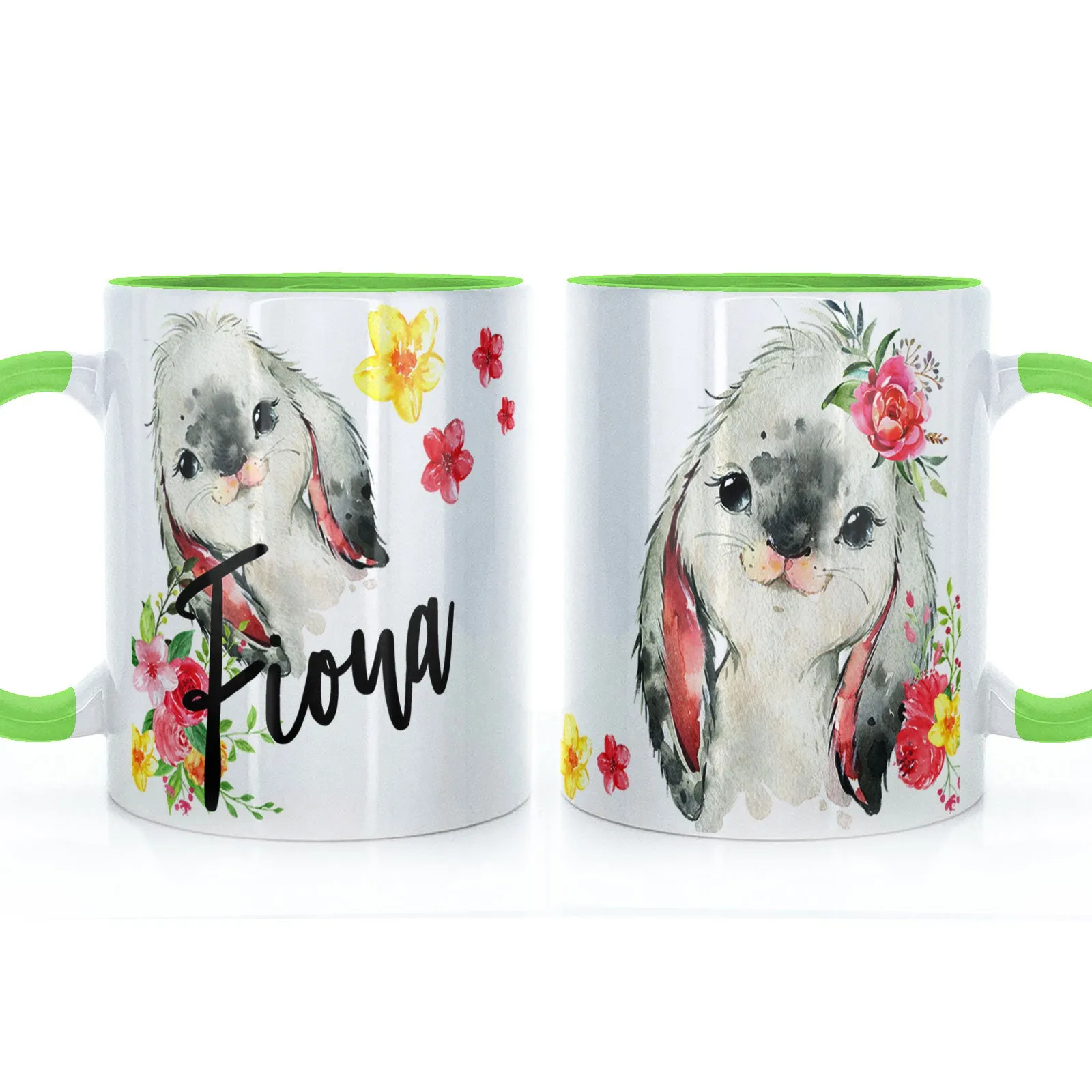 Personalised Mug with Stylish Text and Flowery Rabbits