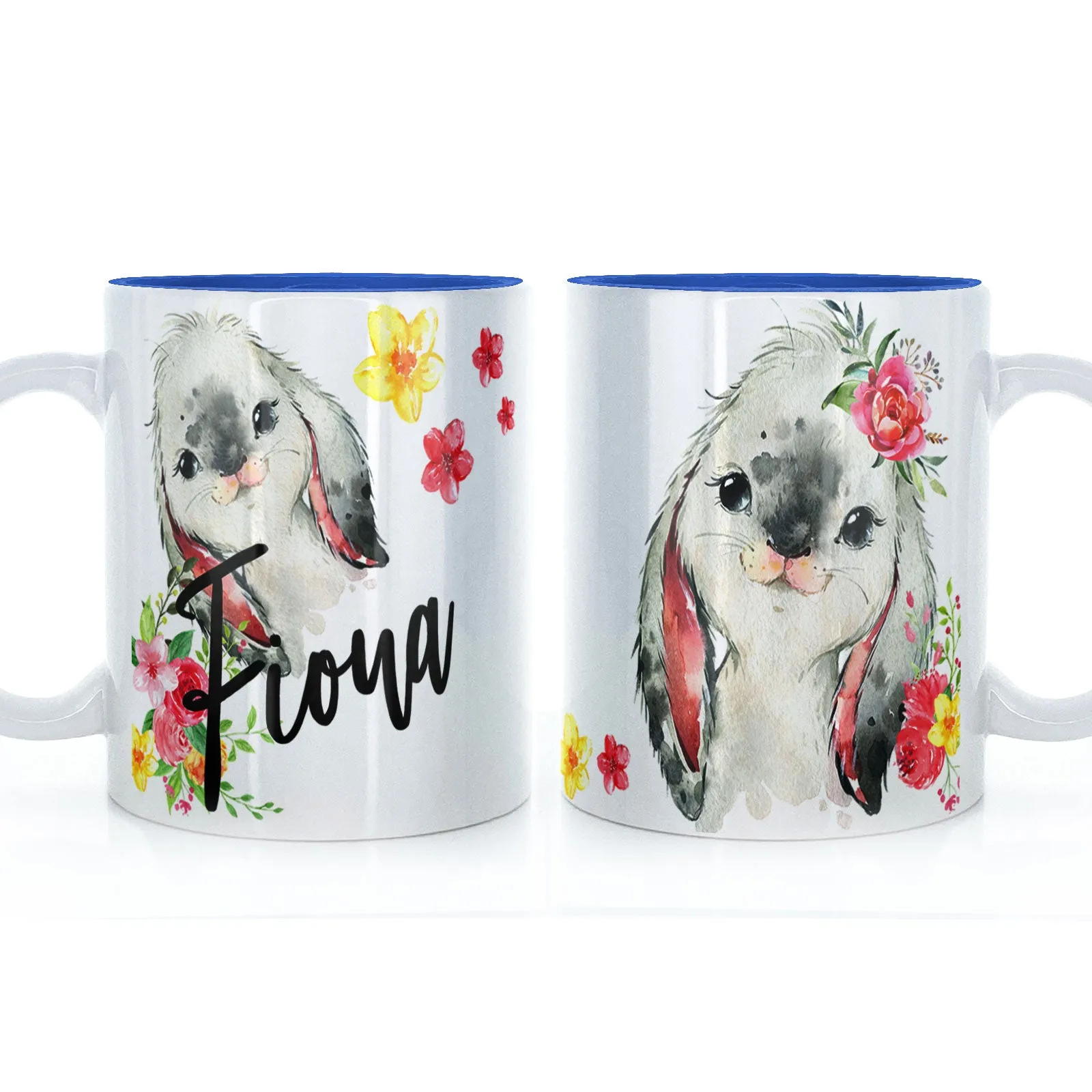 Personalised Mug with Stylish Text and Flowery Rabbits