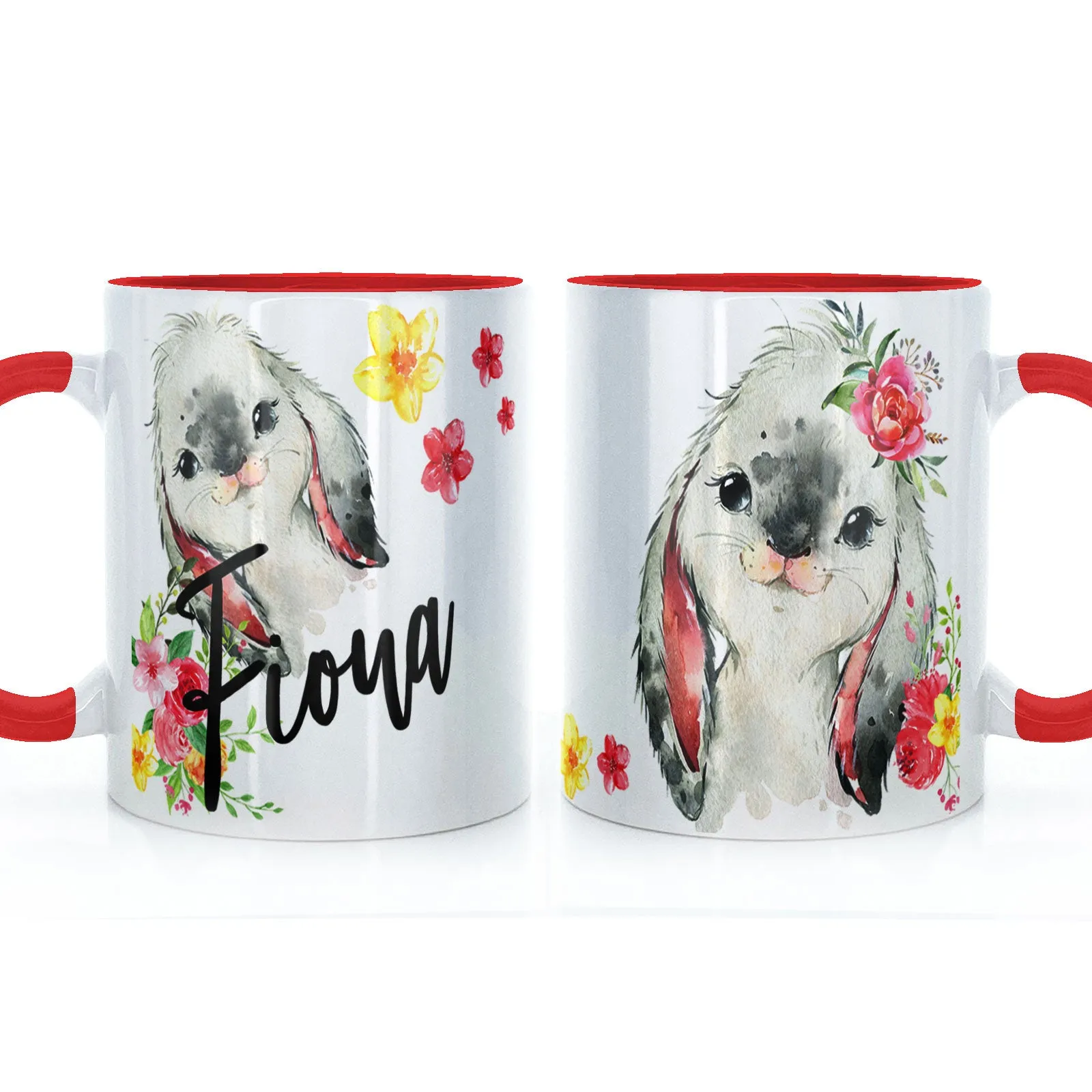 Personalised Mug with Stylish Text and Flowery Rabbits