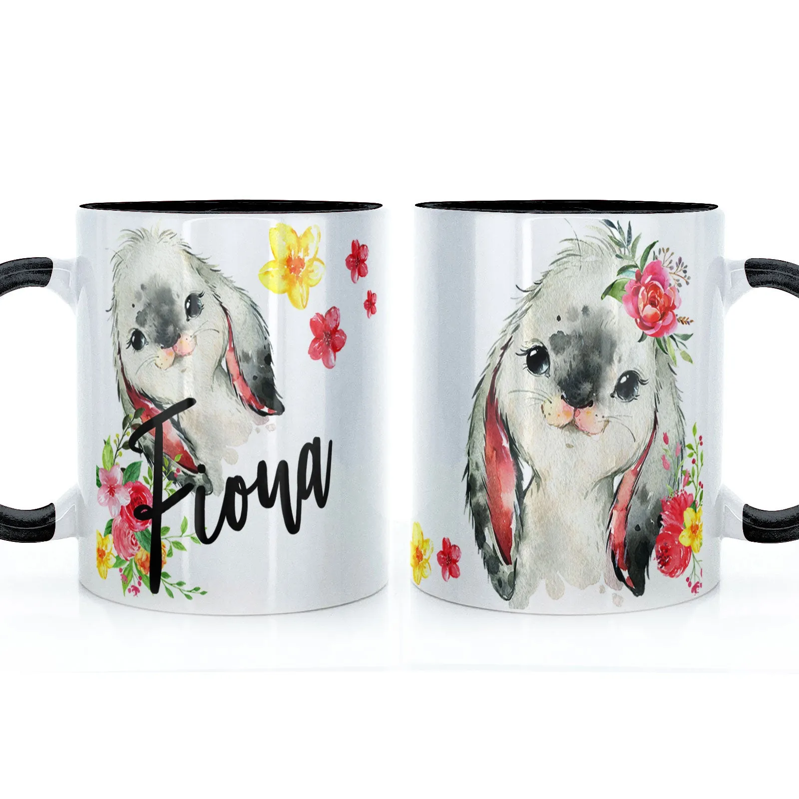 Personalised Mug with Stylish Text and Flowery Rabbits