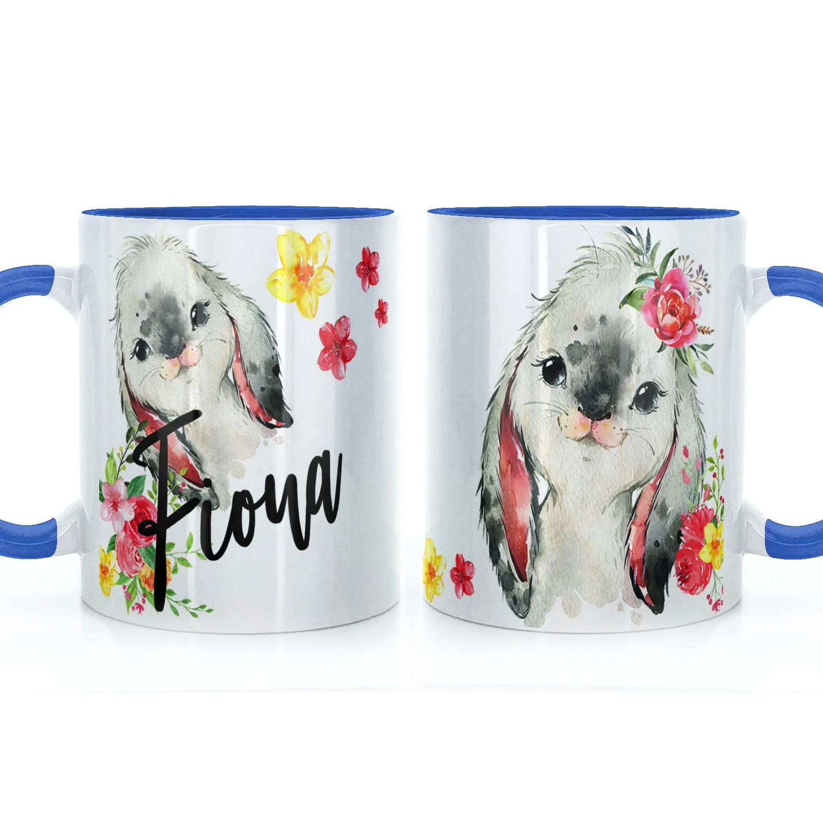 Personalised Mug with Stylish Text and Flowery Rabbits
