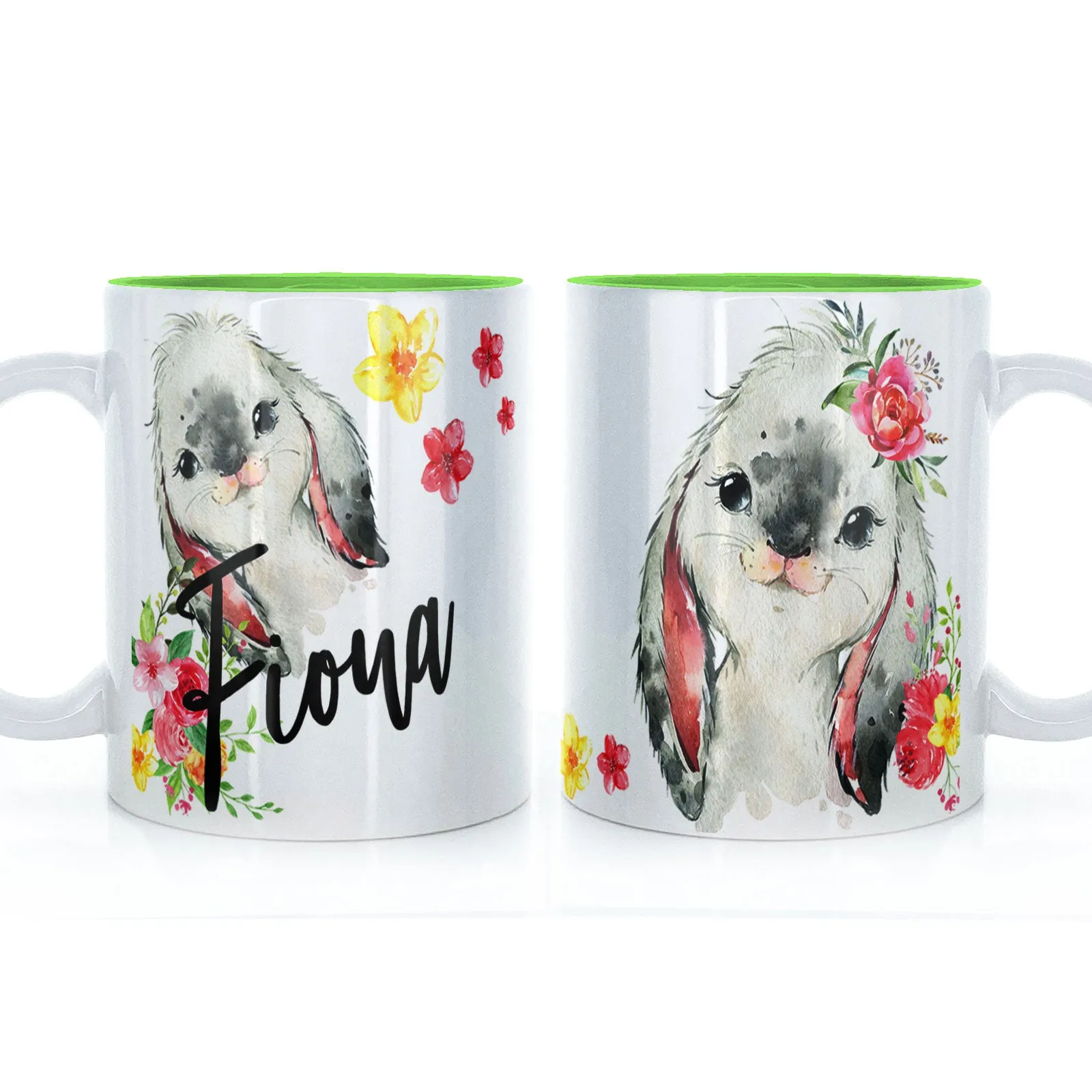 Personalised Mug with Stylish Text and Flowery Rabbits
