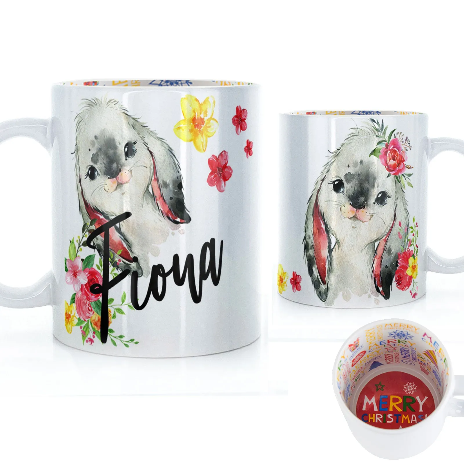 Personalised Mug with Stylish Text and Flowery Rabbits