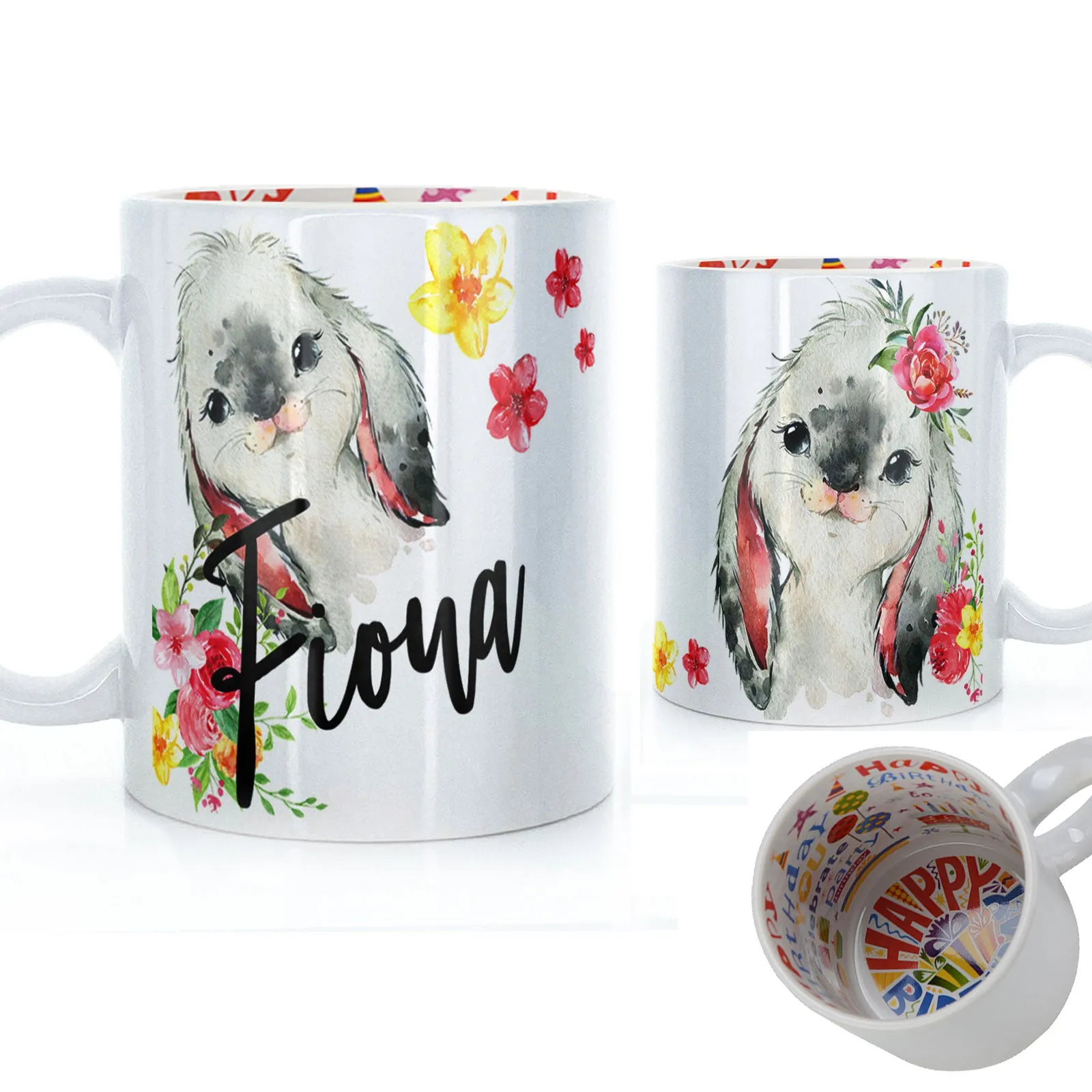 Personalised Mug with Stylish Text and Flowery Rabbits