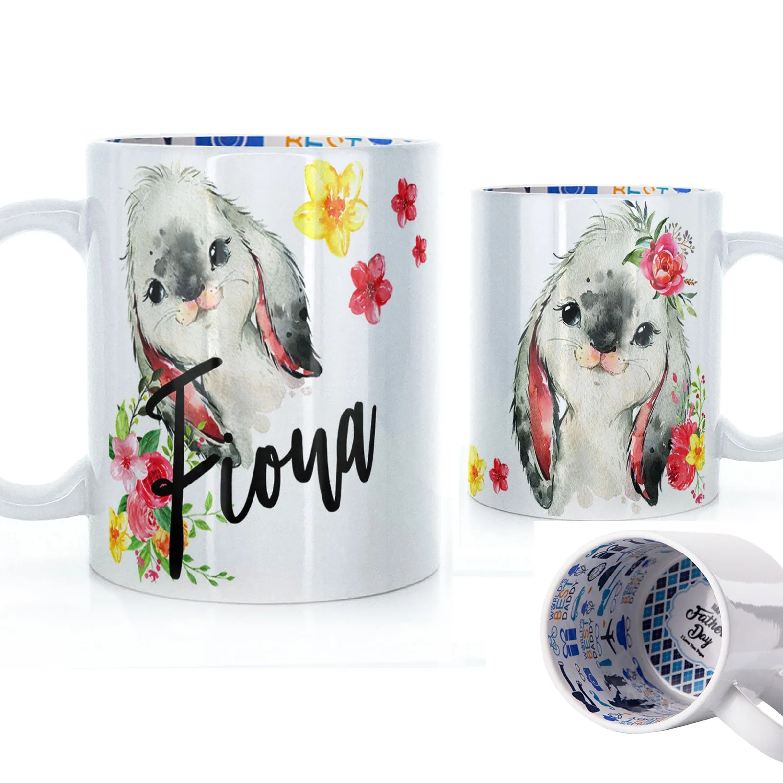 Personalised Mug with Stylish Text and Flowery Rabbits