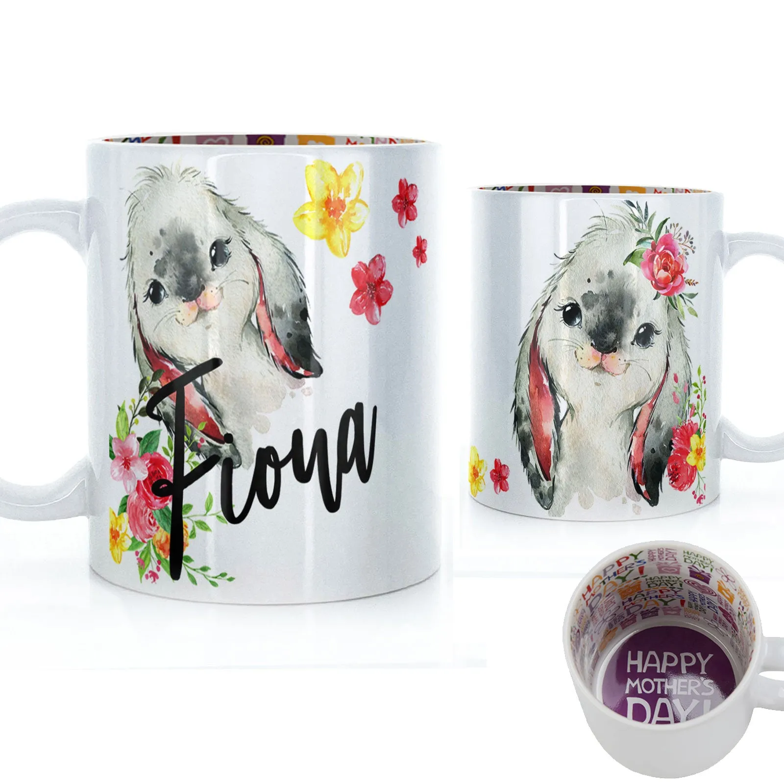Personalised Mug with Stylish Text and Flowery Rabbits