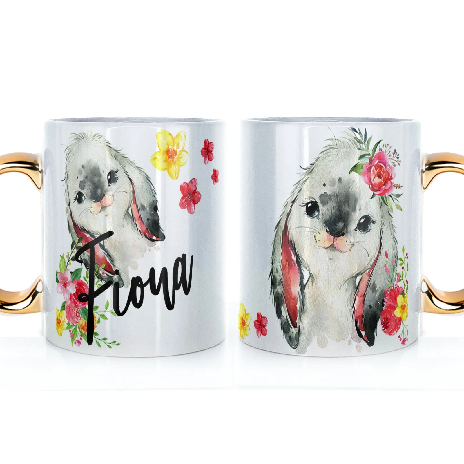 Personalised Mug with Stylish Text and Flowery Rabbits