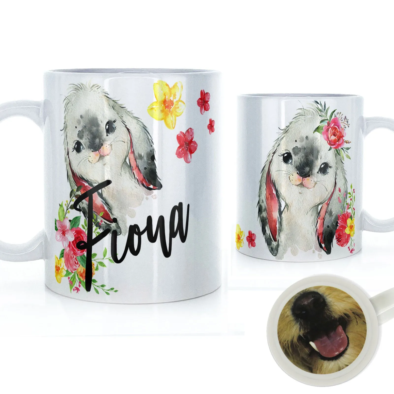 Personalised Mug with Stylish Text and Flowery Rabbits