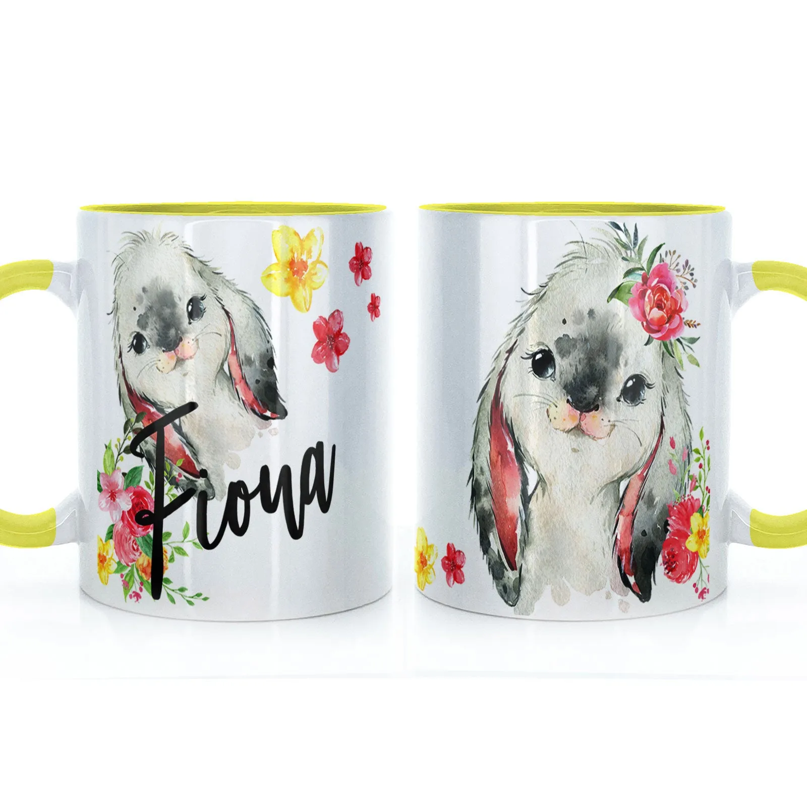Personalised Mug with Stylish Text and Flowery Rabbits