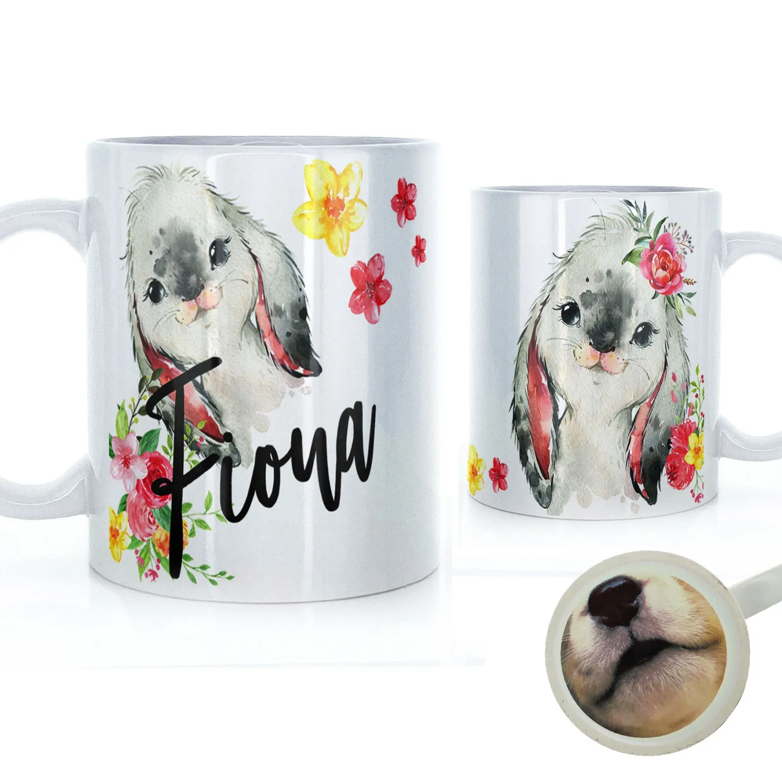 Personalised Mug with Stylish Text and Flowery Rabbits
