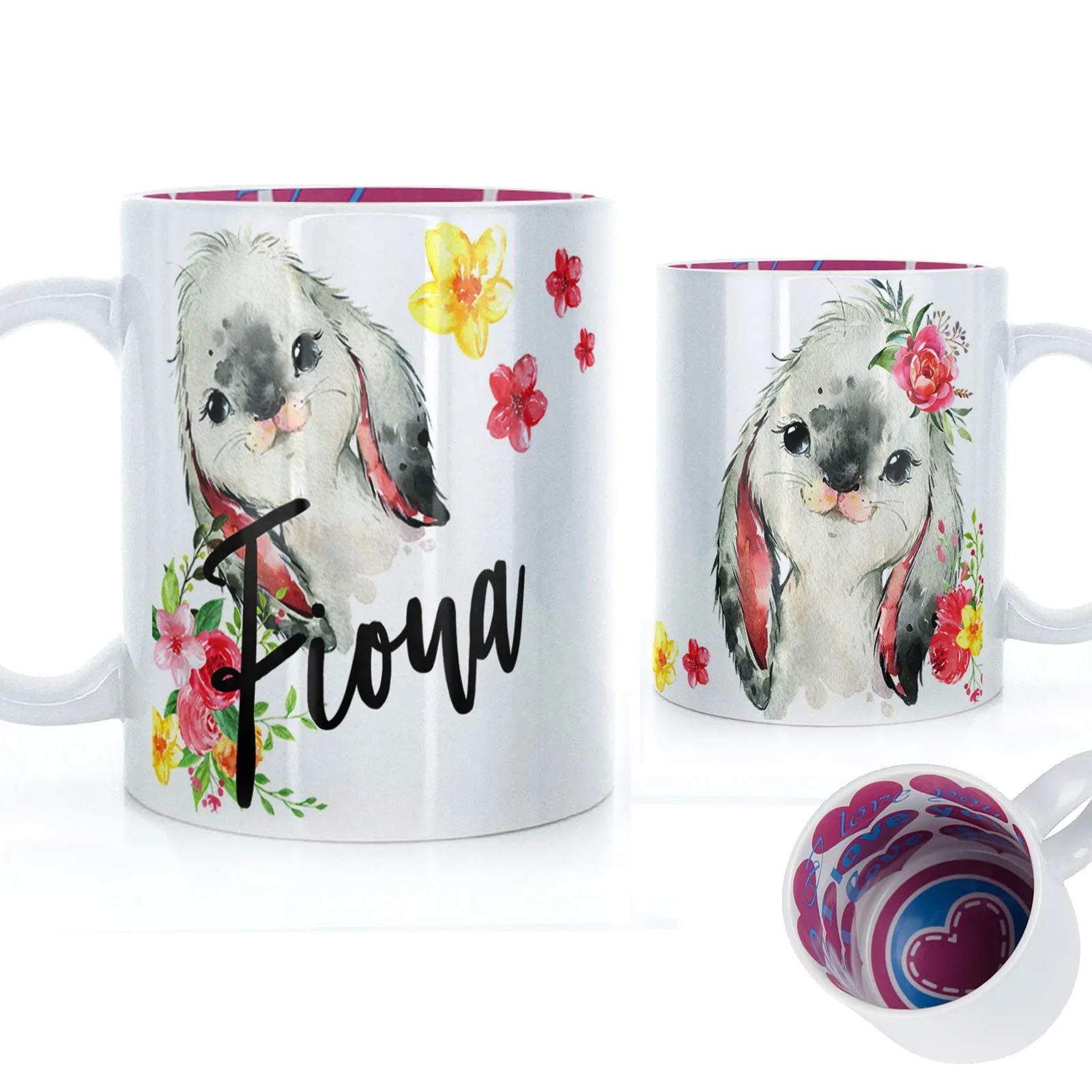 Personalised Mug with Stylish Text and Flowery Rabbits