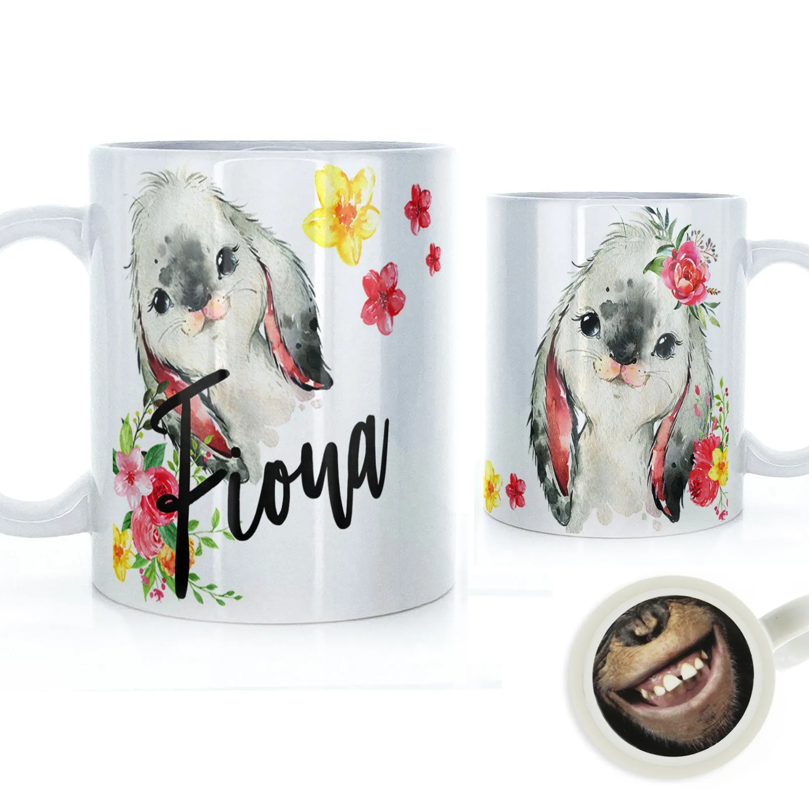 Personalised Mug with Stylish Text and Flowery Rabbits