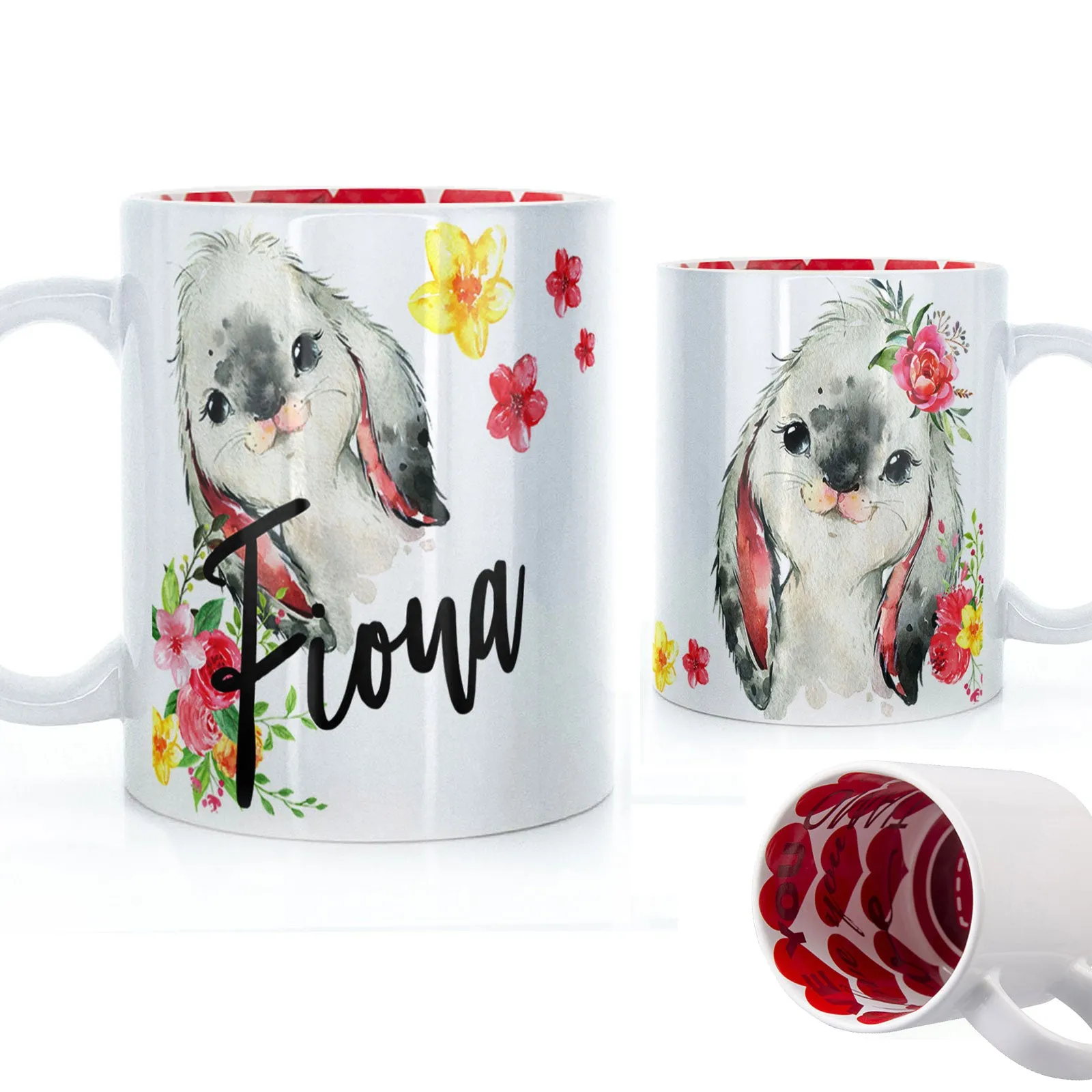 Personalised Mug with Stylish Text and Flowery Rabbits