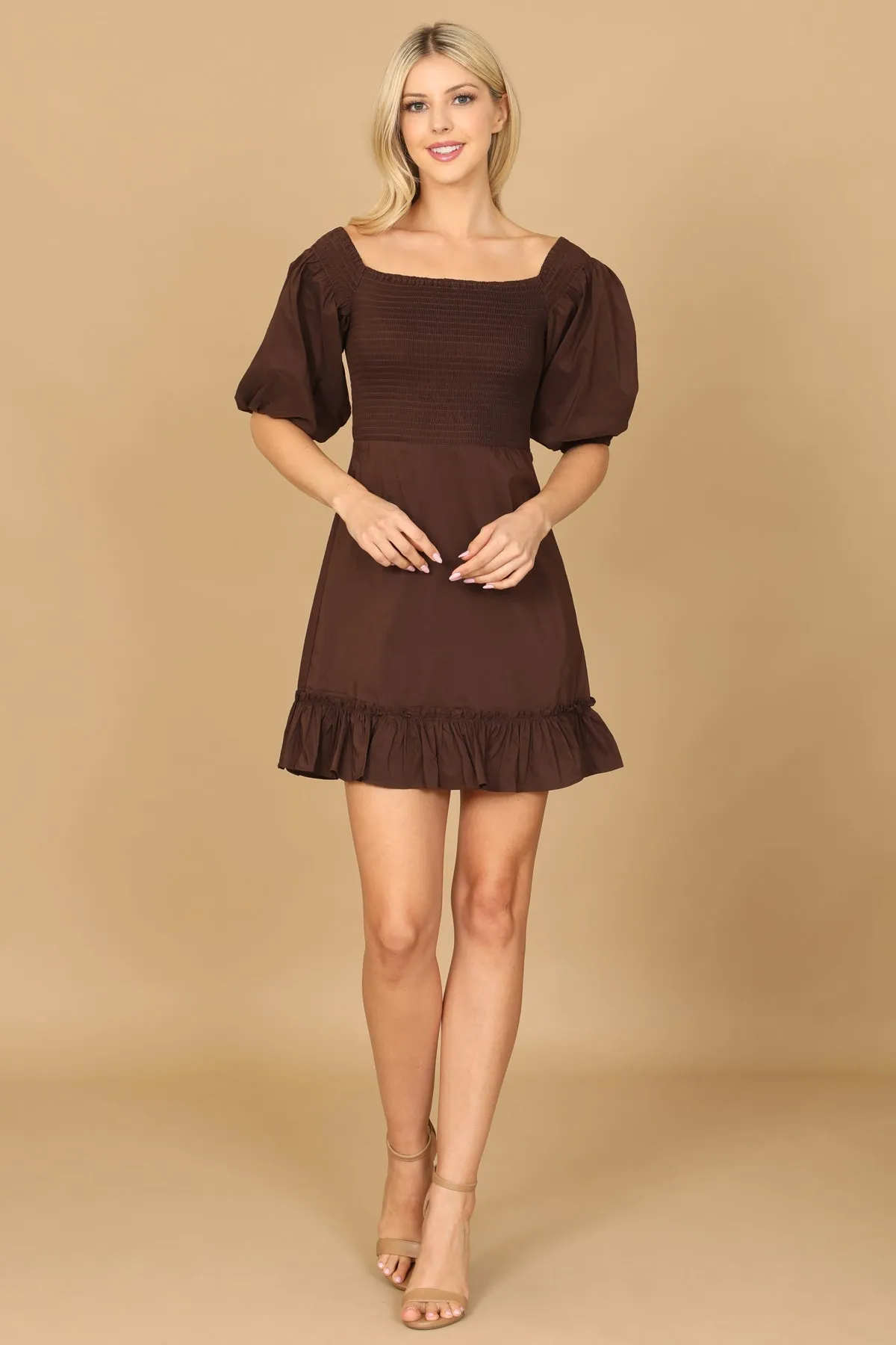 PUFF SLEEVE SMOCKED RUFFLE HEM SOLID DRESS