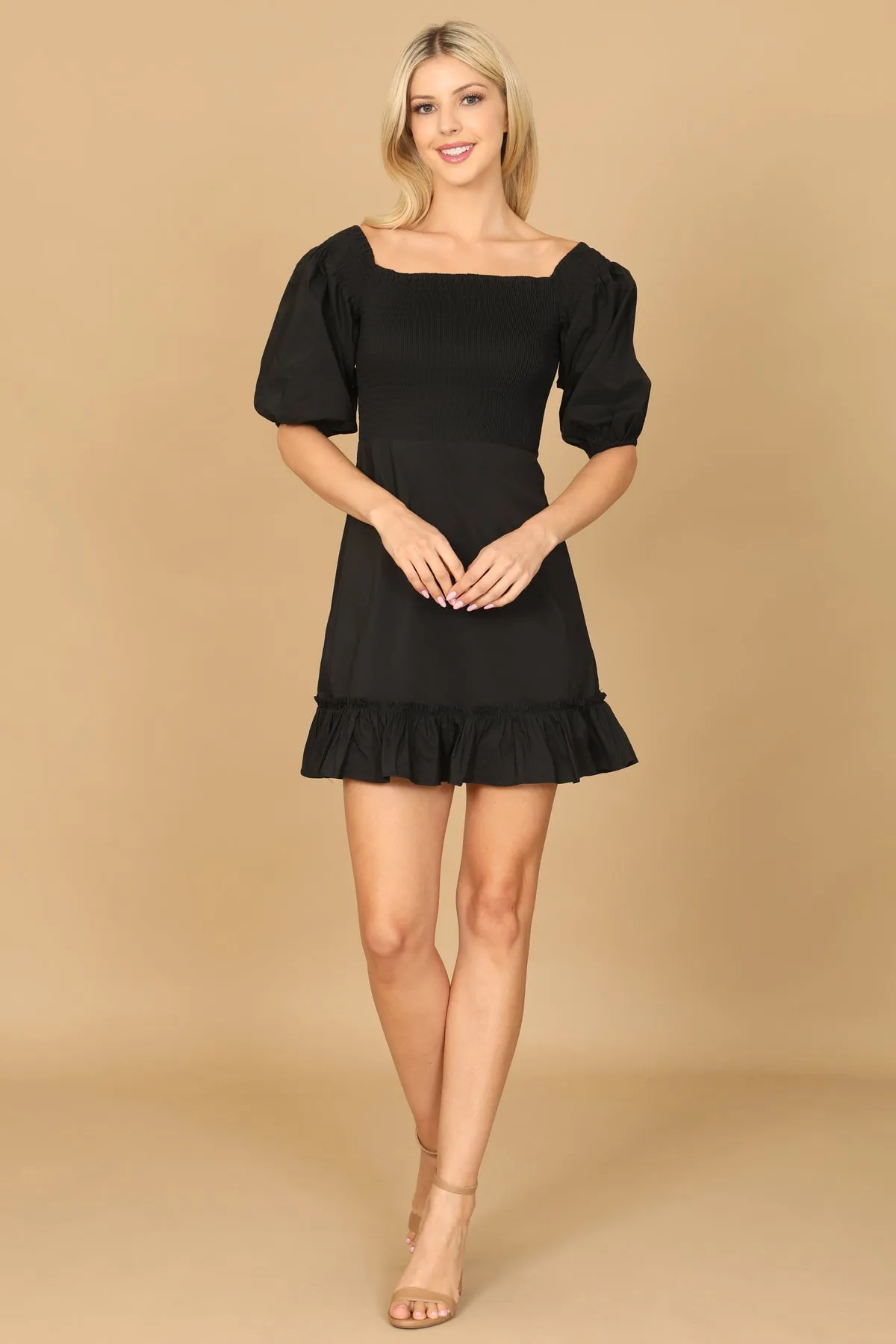 PUFF SLEEVE SMOCKED RUFFLE HEM SOLID DRESS