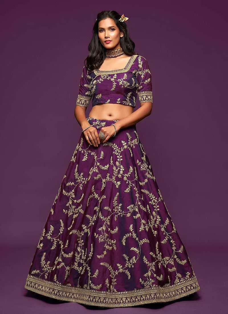 Purple And Gold Silk Embroidered Stylish Lehenga Choli