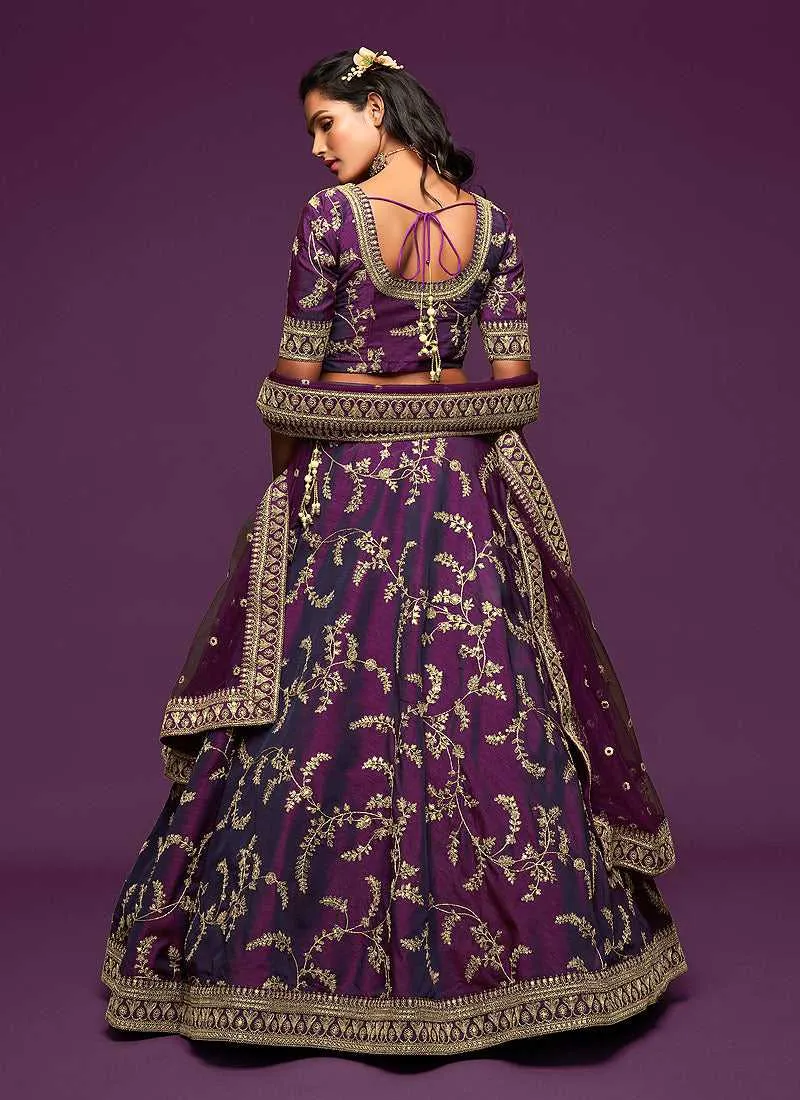 Purple And Gold Silk Embroidered Stylish Lehenga Choli