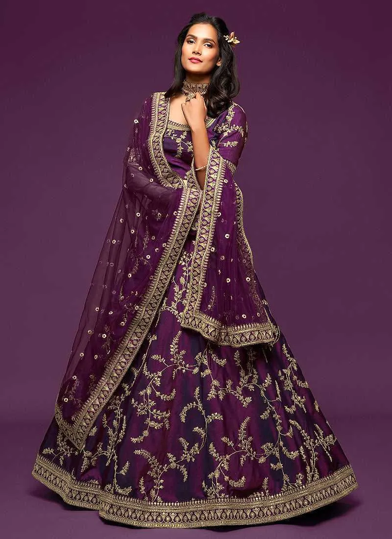 Purple And Gold Silk Embroidered Stylish Lehenga Choli