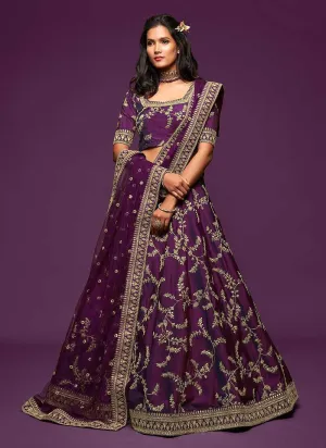 Purple And Gold Silk Embroidered Stylish Lehenga Choli