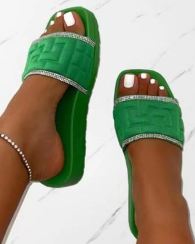 Rhinestone Contrast Paneled Wide Strap Slippers