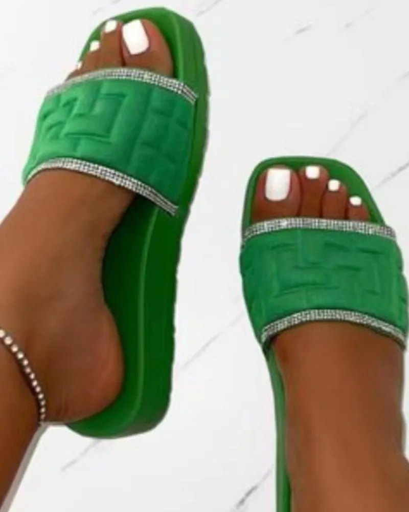 Rhinestone Contrast Paneled Wide Strap Slippers