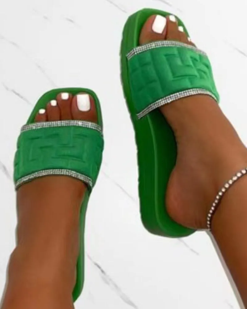 Rhinestone Contrast Paneled Wide Strap Slippers