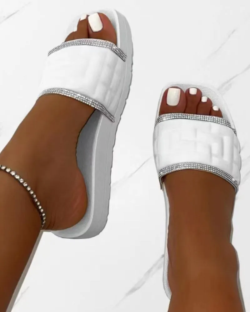 Rhinestone Contrast Paneled Wide Strap Slippers