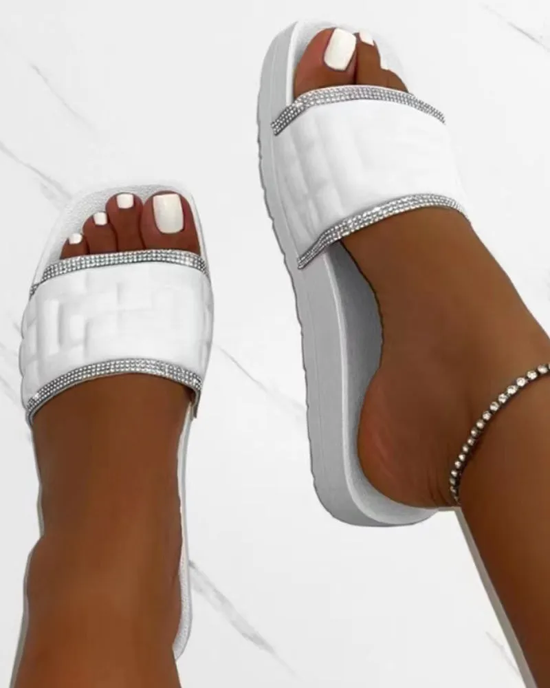 Rhinestone Contrast Paneled Wide Strap Slippers