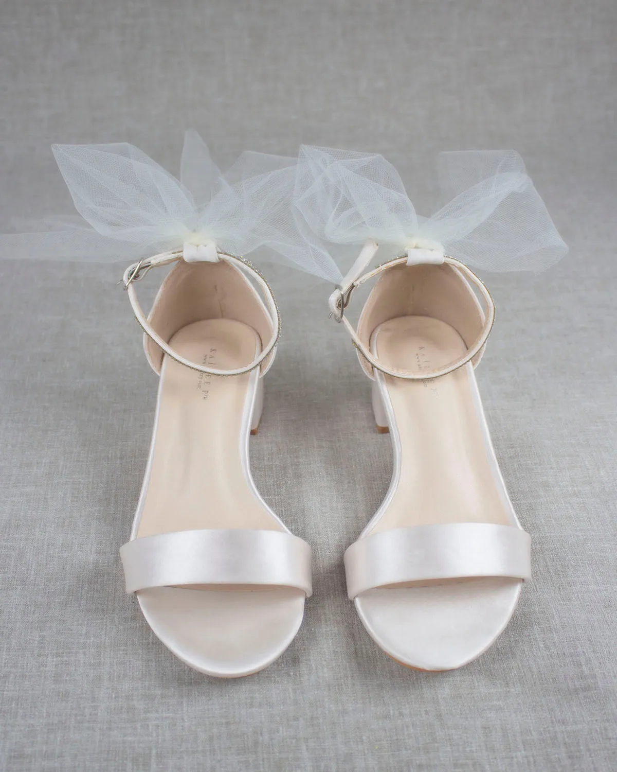 Satin Block Heel Sandal with Ivory Tulle Back Bow