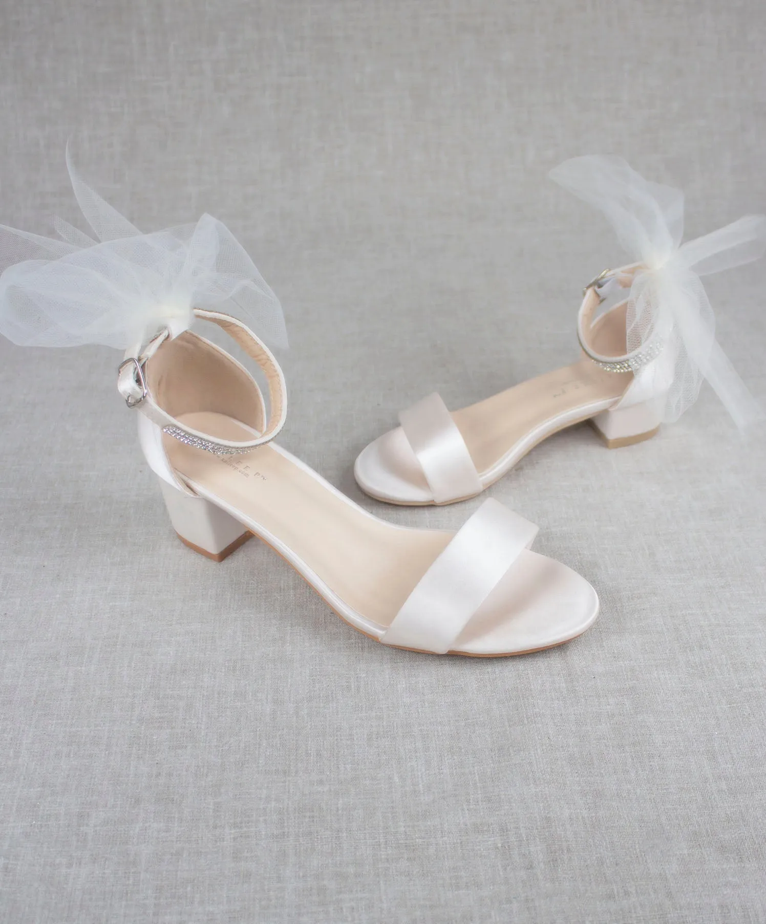 Satin Block Heel Sandal with Ivory Tulle Back Bow