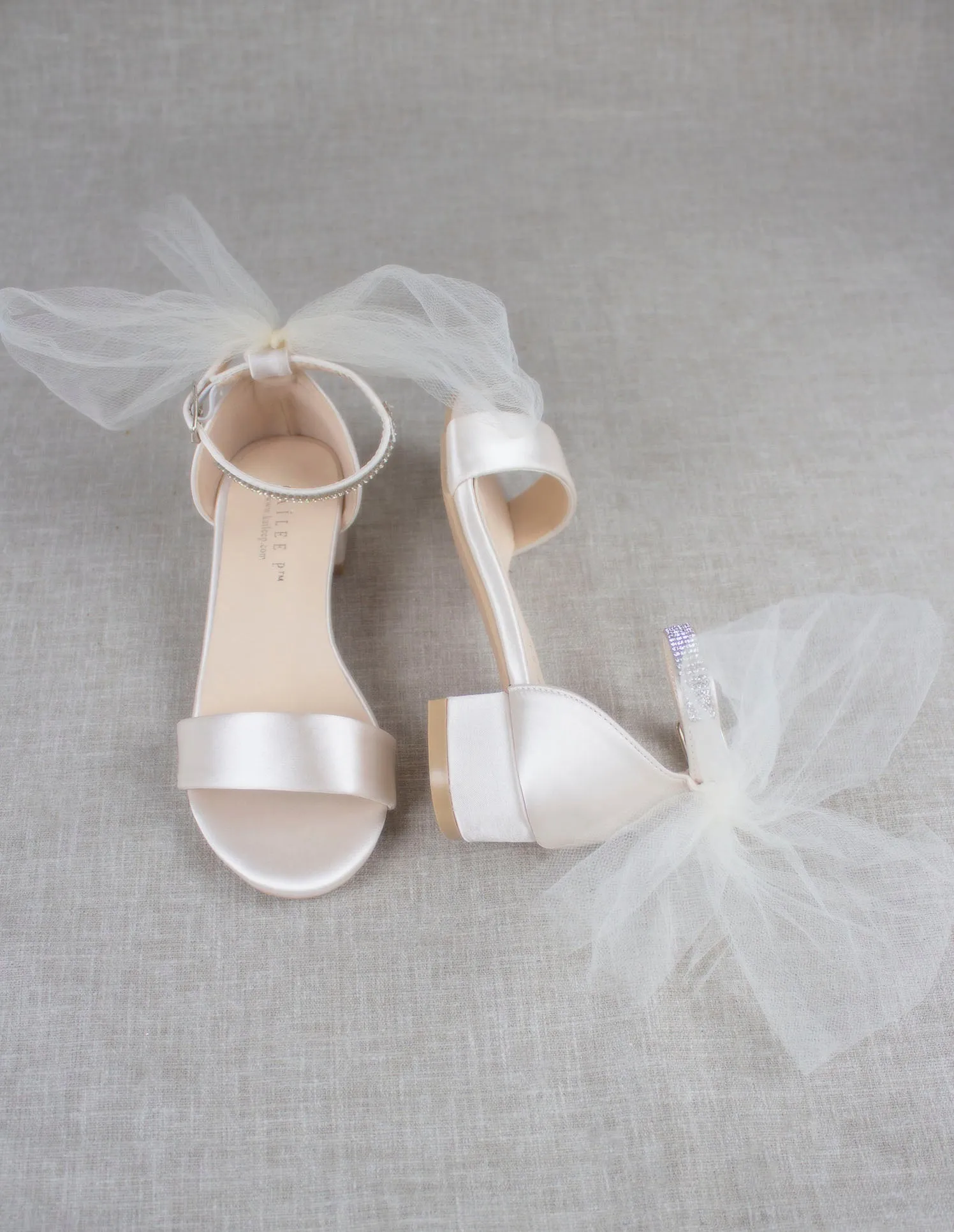 Satin Block Heel Sandal with Ivory Tulle Back Bow