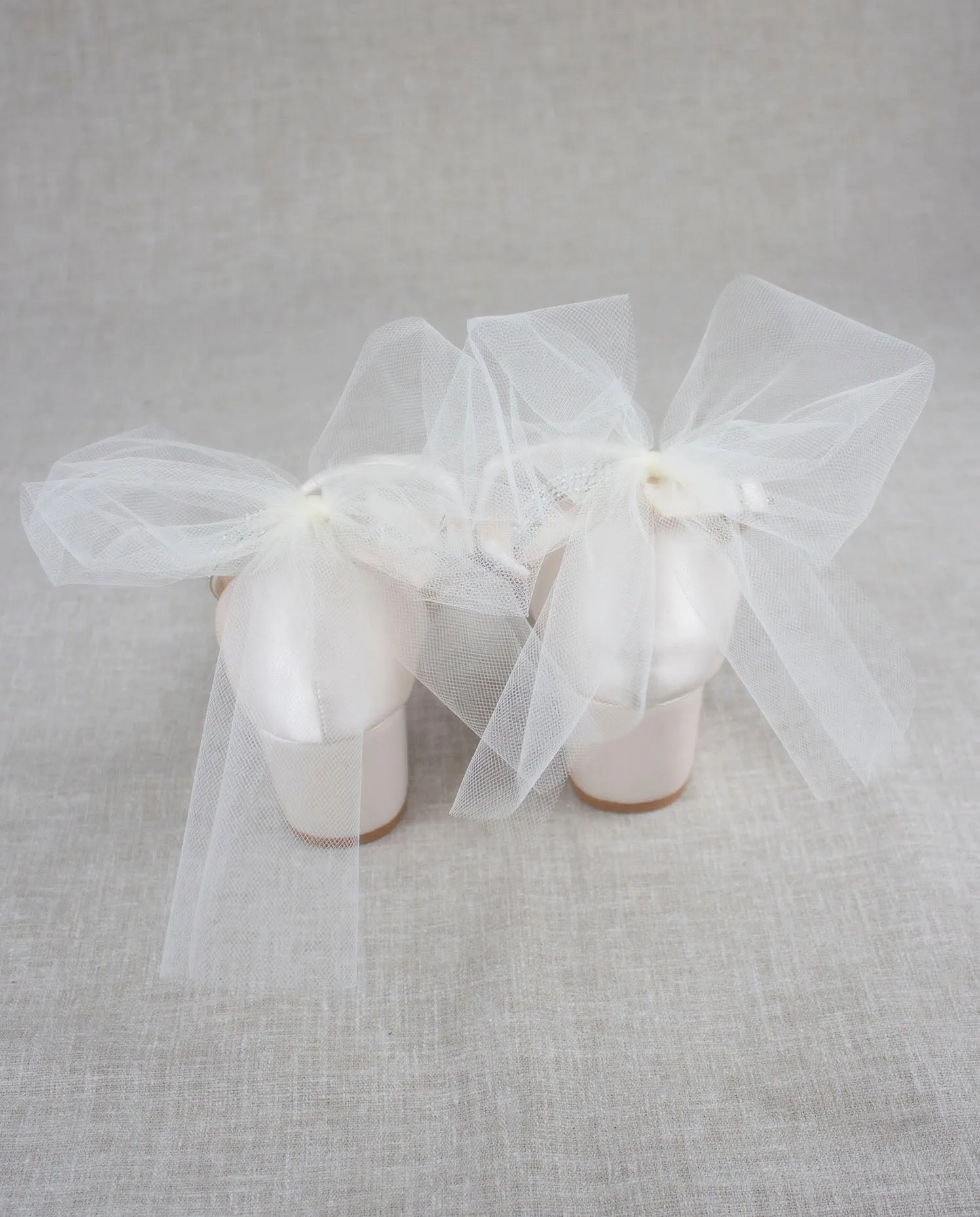 Satin Block Heel Sandal with Ivory Tulle Back Bow