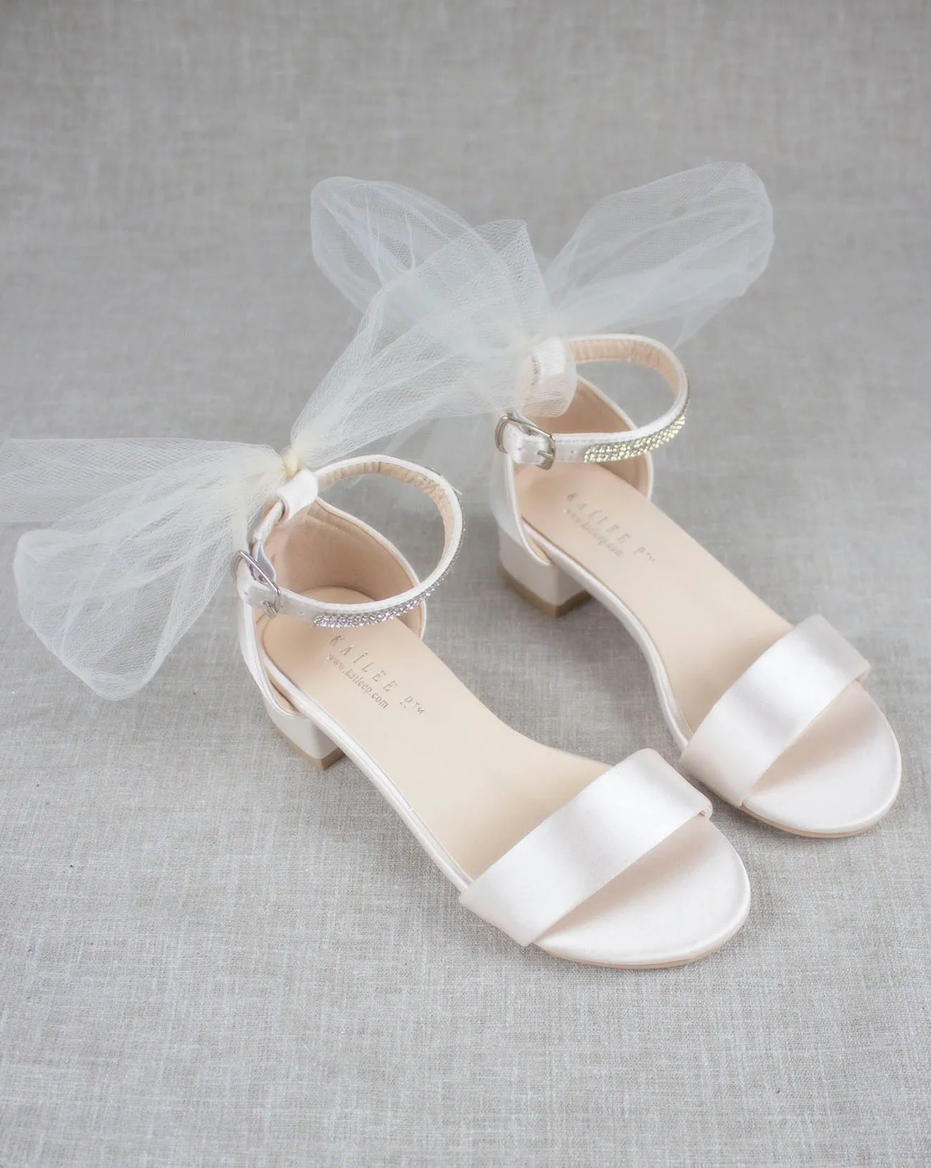 Satin Block Heel Sandal with Ivory Tulle Back Bow