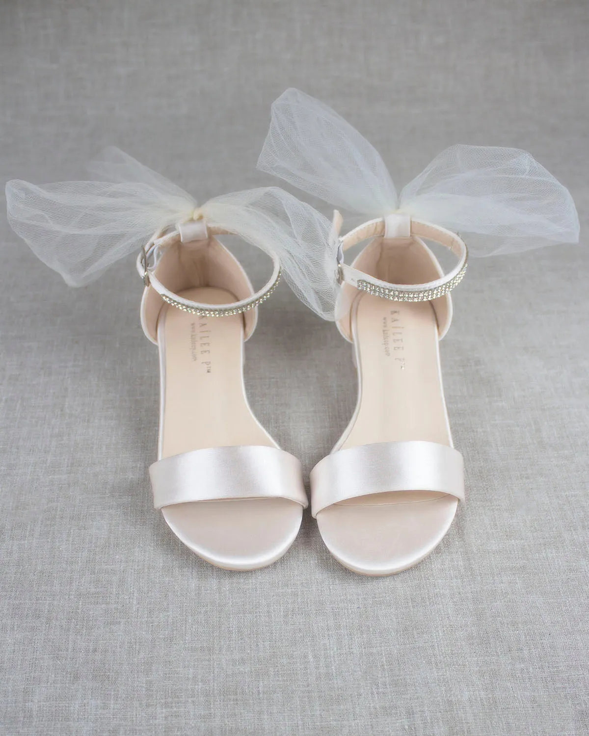 Satin Block Heel Sandal with Ivory Tulle Back Bow