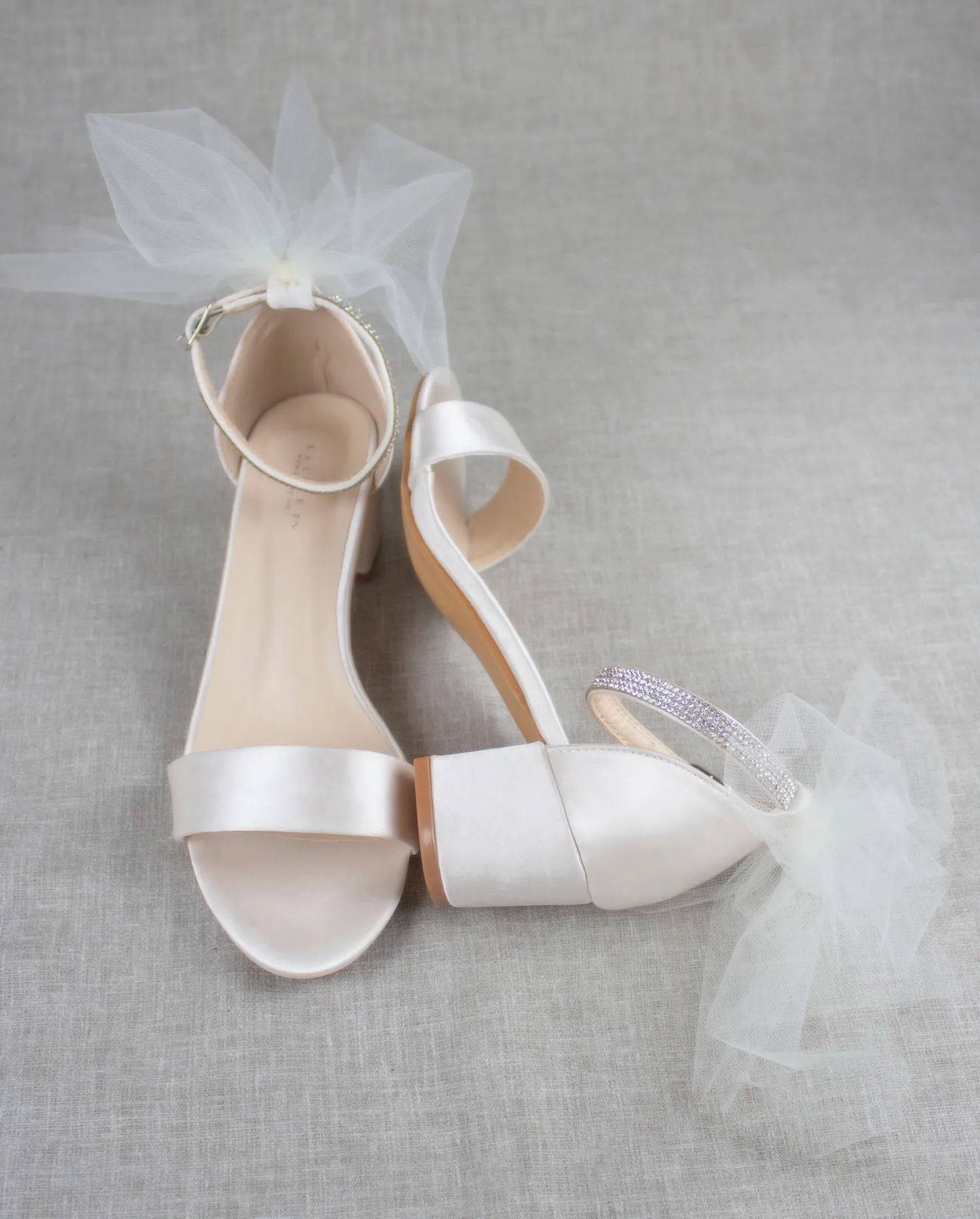 Satin Block Heel Sandal with Ivory Tulle Back Bow