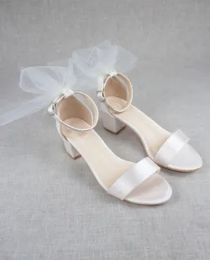 Satin Block Heel Sandal with Ivory Tulle Back Bow
