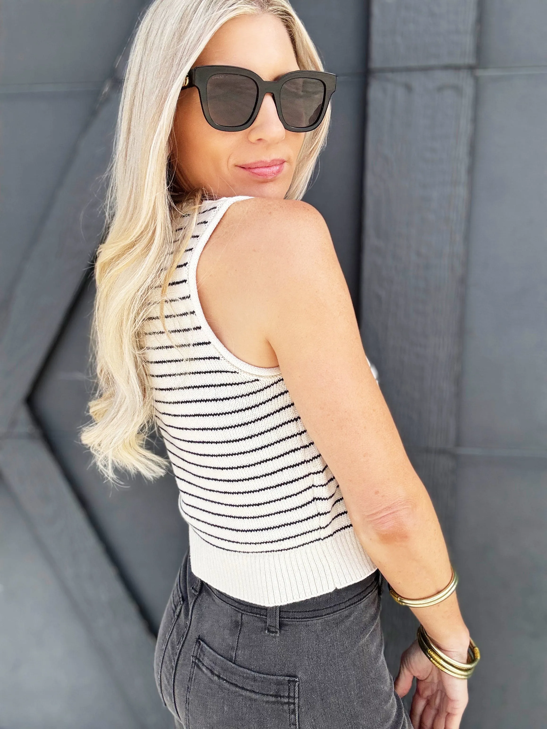 Stripe Button Down Cardigan Vest In Cream