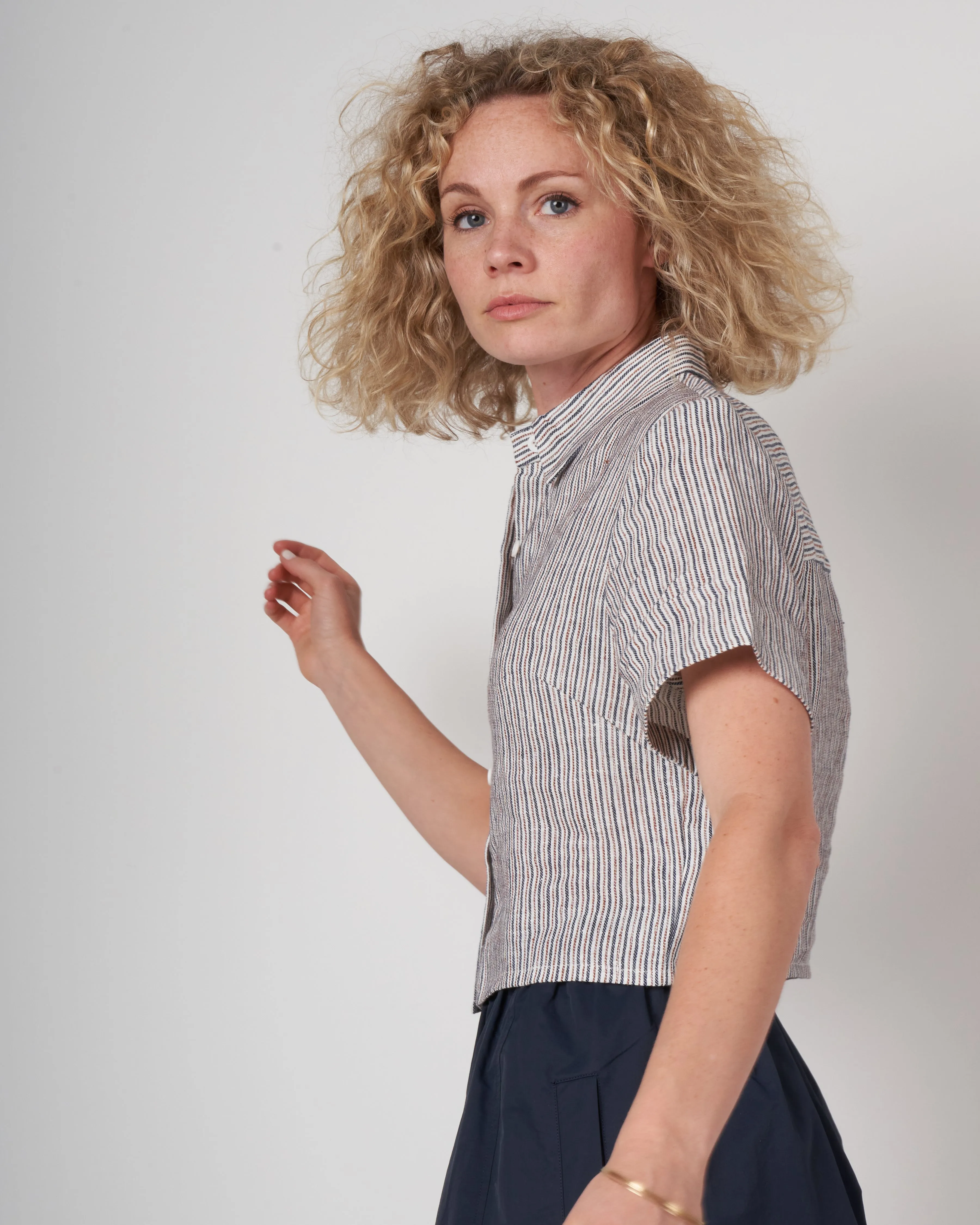 striped cropped button down shirt - pinstripes