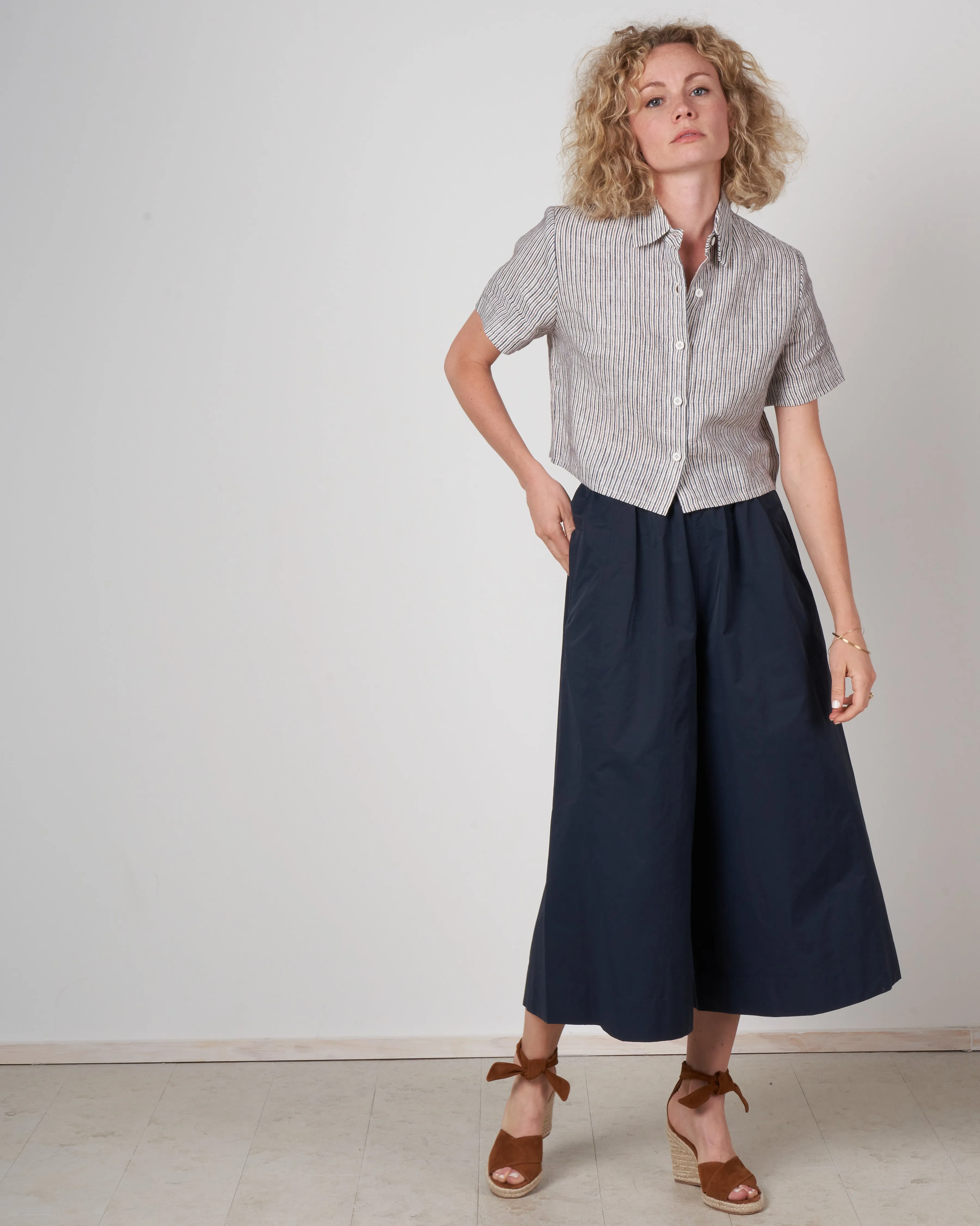 striped cropped button down shirt - pinstripes