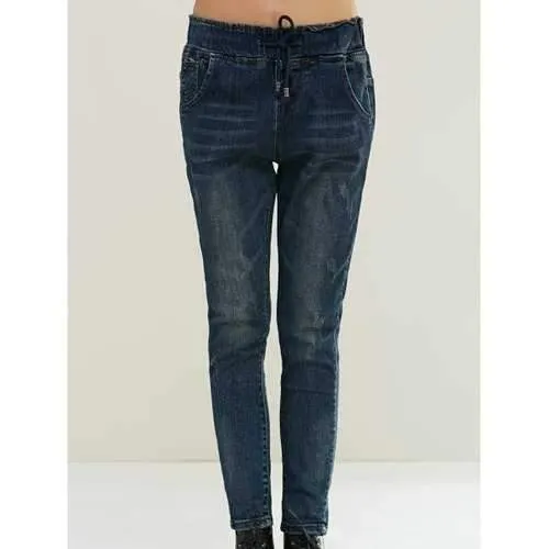 Stylish Dark Color Drawstring Jeans - Denim Blue S