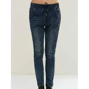 Stylish Dark Color Drawstring Jeans - Denim Blue S